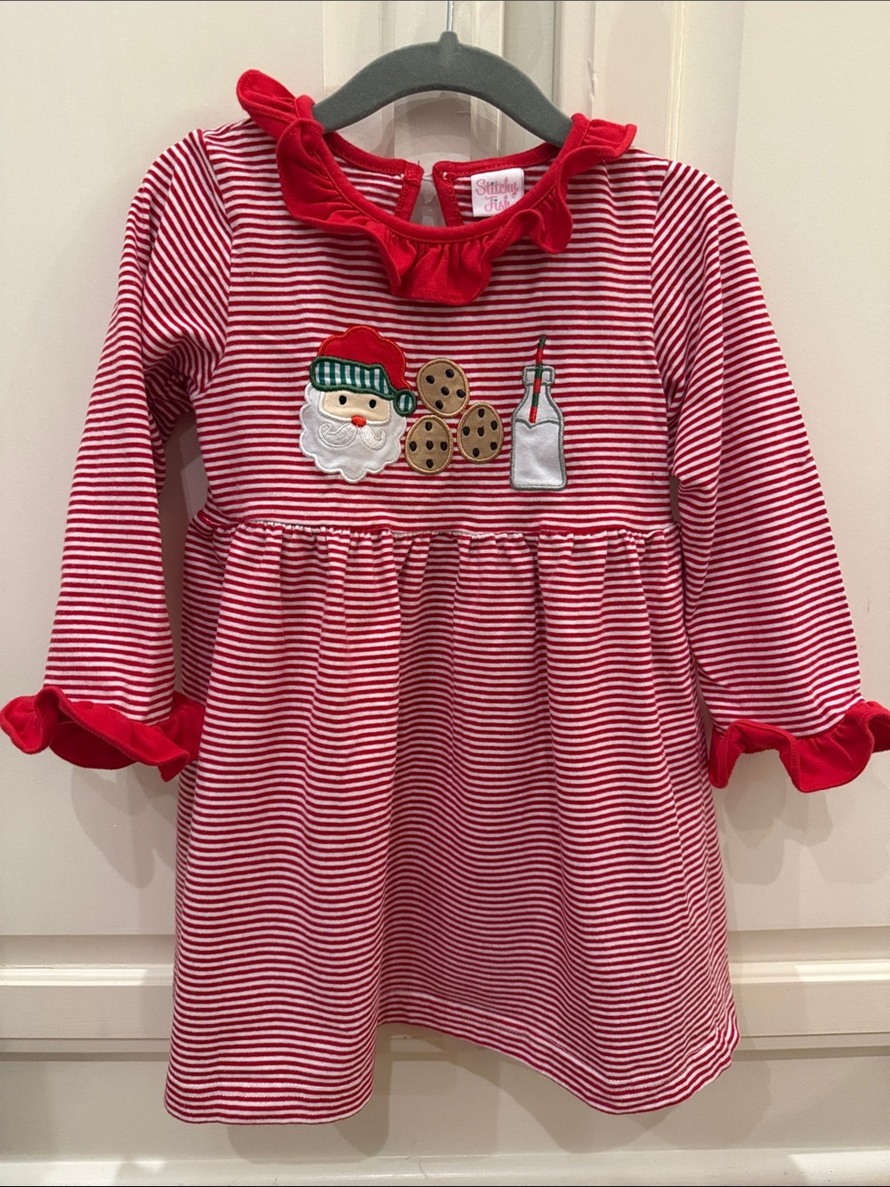 Stitchy Fish Red Striped Christmas Knit Dress with Santa & Cookies Appliqué